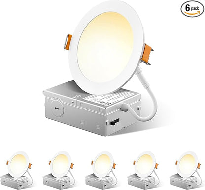 FREELICHT 6 Pack 4 Inch 5CCT Ultra-Thin LED Recessed Ceiling Light with Junction Box, 2700K/3000K/3500K/4000K/5000K Selectable, 700LM Brightness, Dimmable Canless Wafer Downlight, 10WEqv90W-ETL&FCC