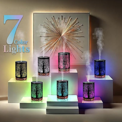 Oil Diffuser with Essential Oils Set, Aromatherapy Diffuser with 7 Color Lights and Auto Shut-Off, Cool Mist Diffuser with 6 Oils Gift Pack for Home Office (Tree with Oils)