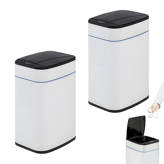 Garbage Can with Lid, Intelligent Sensor Opening and Closing, Small Garbage Can for Living Room, Bedroom, Kitchen and Bathroom (2, Square White)