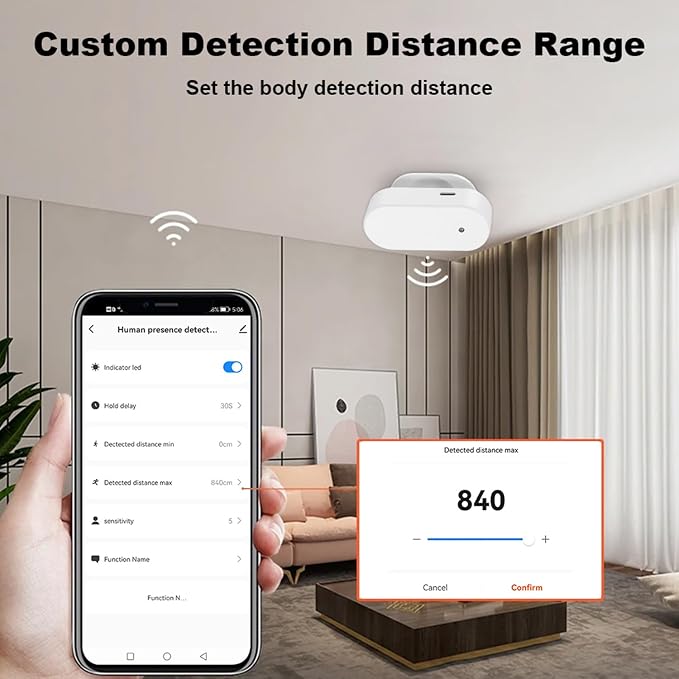 Smart Human Presence Motion Sensor: WiFi Millimeter Wave Radar Detector with Light Sensor, High Sensing Human Body Exists Sensor for Home Automation, Compatible with Alexa/Smart Life/Tuya