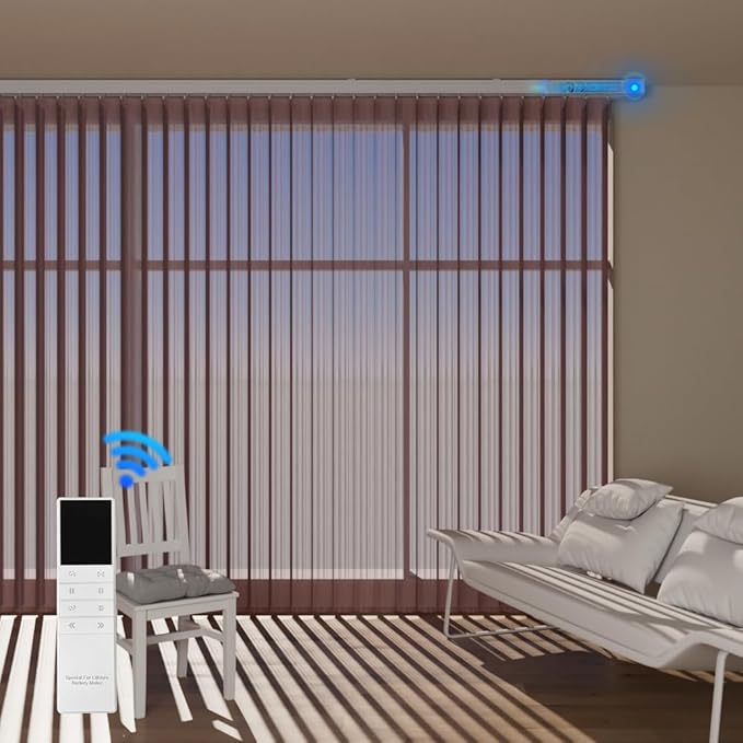 Motorized Sheer Vertical Blinds with Remote, Light Filtering Vertical Blind Sliding Door Blinds Remote Control Blinds for Sliding Glass Door Customize, Texture Brown
