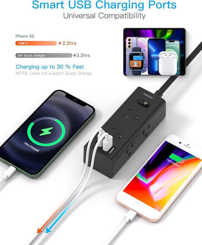 5Ft Extension Cord with Multiple Outlets, Flat Plug Power Strip Surge Protector with 5 Ft Long Cord, 6 Outlet 4 USB Ports (2 USB C), Multi Outlet Wall Plug for College, Dorm Room Essentials(Black)