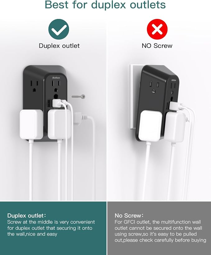 Addtam 6-Outlet Extender Surge Protector, Multi Plug Wall Outlet with 4 USB Wall Charger(PD 30W), Plug Extension Outlet with 1800J, Outlet Splitter Power Strip for Home Office, Black