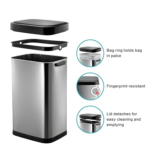 13 Gallon Trash Can, Touchless Stainless Steel Kitchen Bin (Silver)