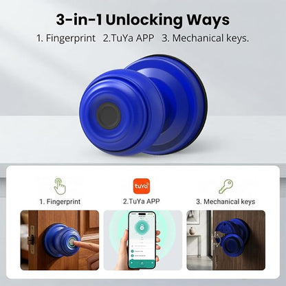 Smart Fingerprint Door Lock Knob, Tuya App Keyless Entry, Blue | Biometric Handle, Auto Lock, Remote Access，Easy Installation