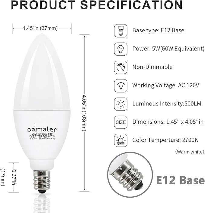 comzler Type B Shape LED Ceiling Fan Light Bulbs E12 Small Base, 2700K Soft Warm White LED Candelabra Bulb 6W (60watt Equivalent), Chandelier Light Bulbs 500 Lumens No-Dimmable 8 Pack