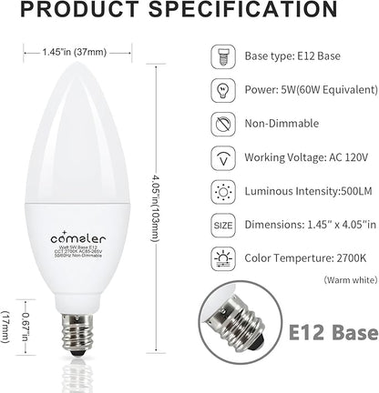 comzler Type B Shape LED Ceiling Fan Light Bulbs E12 Small Base, 2700K Soft Warm White LED Candelabra Bulb 6W (60watt Equivalent), Chandelier Light Bulbs 500 Lumens No-Dimmable 8 Pack