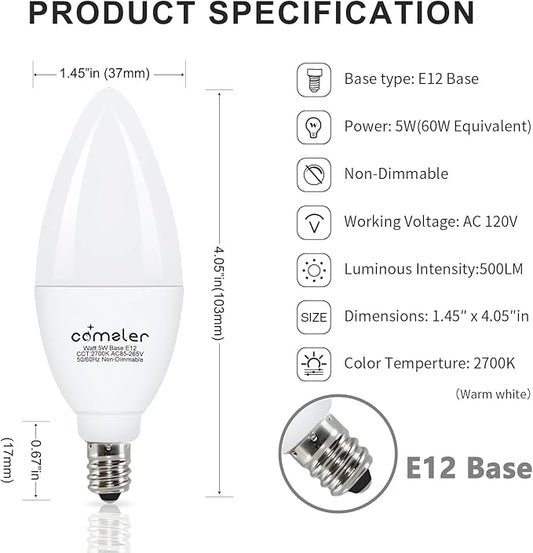 comzler LED Candelabra Bulb, Ceiling Fan Light Bulbs, E12 LED Bulb, 5 Watt 60 Watt Equivalent, Soft White 2700K LED Chandelier Light Bulbs, Candle Bulb Small Base Non-Dimmable, 6 Pack