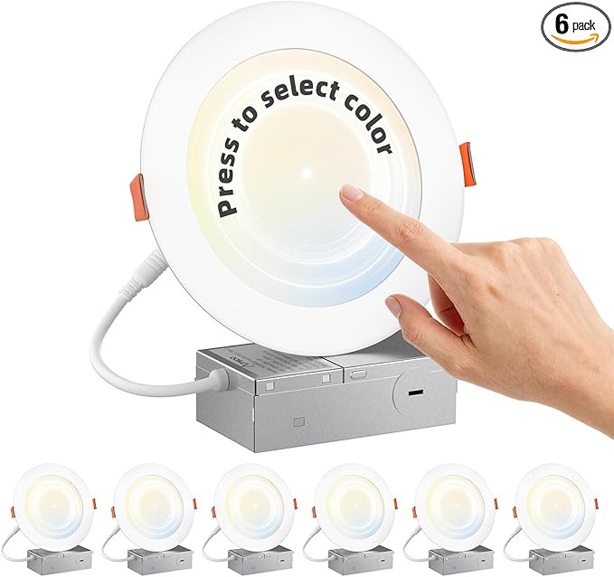 Amico 6 Pack 6 Inch Press to Select 5CCT Ultra-Thin Recessed Light with Junction Box, 2700K/3000K/3500K/4000K/5000K Selectable, 12W=110W, 1050LM High Brightness, Dimmable Wafer Downlight-ETL&FCC