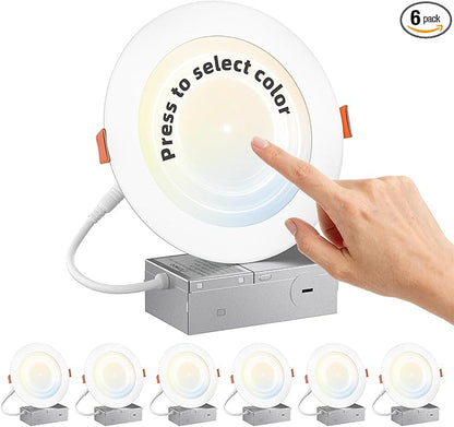 Amico 6 Pack 6 Inch Press to Select 5CCT Ultra-Thin Recessed Light with Junction Box, 2700K/3000K/3500K/4000K/5000K Selectable, 12W=110W, 1050LM High Brightness, Dimmable Wafer Downlight-ETL&FCC