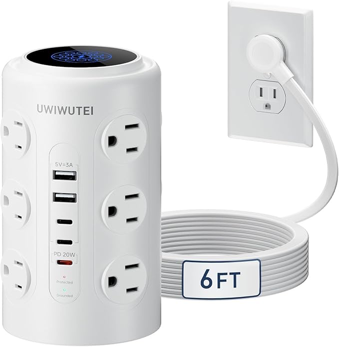 Tower Power Strip with 1 Dedicated PD 20W Fast-Charging Port, 12 Outlets, 5 USB Ports (3 USB-C), 1800J Protector, Desk Charging Station for Multiple Devices, 6FT Extension Cord, Home Office Essentials