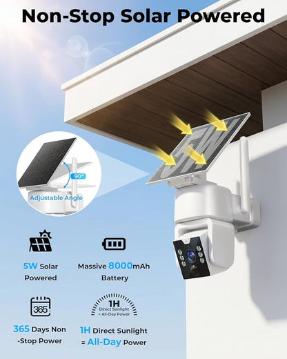 No Monthly Fee Solar Security Camera System with Home Hub, 2 Pack 4MP 360° PTZ Wireless Outdoor Cameras, Local Storage, Color Night Vision, 5GHz & 2.4GHz WiFi for Home Exterior, IP66