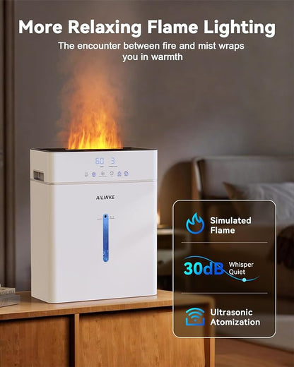 Humidifiers for Bedroom Large Room 10L/2.64Gal, Warm and Cool Mist Humidifier Large Room, Simulated Flame Humidifier Light, 12H Timer, 3 Speed, Top Fill, 1000sq.ft for Baby/Plant/Office