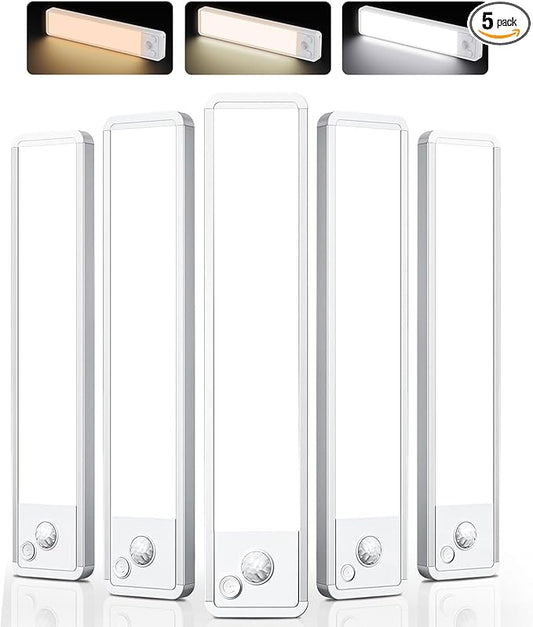 Under Cabinet Lighting: 10 Inch 3-Color Dimmable Rechargeable Motion Sensor Lights Indoor - Battery Operated Lights - Closet Light Magnetic Led Light for Kitchen Home Bathroom Counter 5 Pack