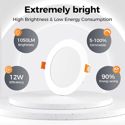 CHARKEE 36 Pack 6 Inch 5CCT Ultra-Thin LED Recessed Ceiling Light with Junction Box, 2700K-5000K, 1050LM High Brightness, Dimmable Canless Wafer Downlight,12W Eqv 110W, ETL & Energy Star & FCC