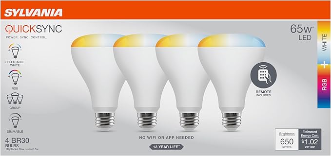 Sylvania QuickSync RGBW/Selectable White BR30 LED Light Bulb with Remote Control, No App/WiFi Required, 8.5W = 65W, Dimmable, 90 CRI, Medium Base, Frosted Finish - 4 Pack (45049)