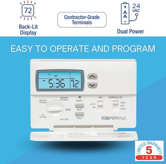 Lux Pro Programmable Thermostat for Home Use; 1 Heat, 1 Cool, Model PSP511LC, 5-2 Day with Backlight