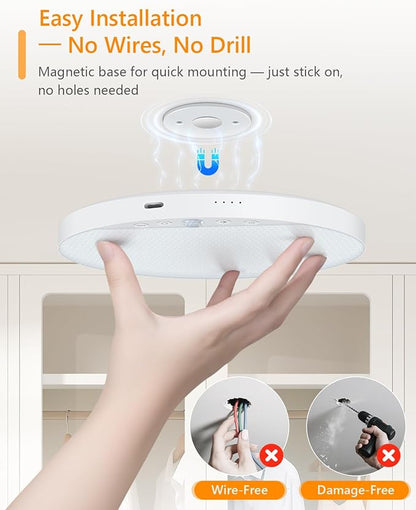Rechargeable 6W Motion Sensor Ceiling Light Indoor, No Wiring & Magnetic Stick-On, Remote Control for Color & Brightness, Battery Operated Light for Shower, Closet, Bathroom, Pantry, Hallway, 2-Pack