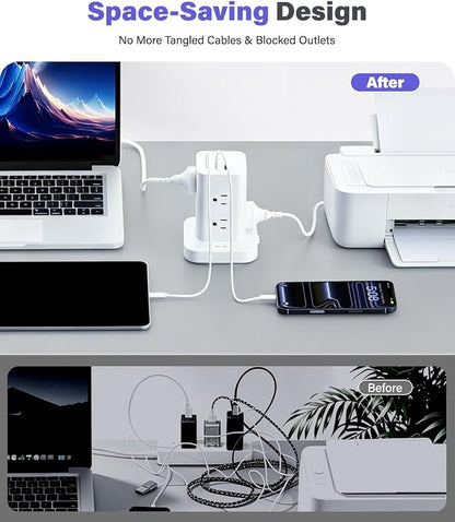 Power Strip Tower with Surge Protector 1800J, Fast Charging Tower PD20W USB-C Ports with 8 AC Outlets, Extension Cord for Home Office Dorm Room, White, 8FT