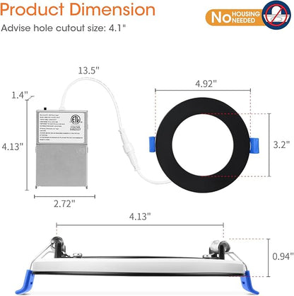 Meconard 4 Pack 4 Inch 5CCT LED Recessed Ceiling Light with Night Light, 2700K/3000K/3500K/4000K/5000K Selectable Ultra-Thin, 9W=75W, 750LM, Dimmable Canless Wafer Downlight, Black Trim