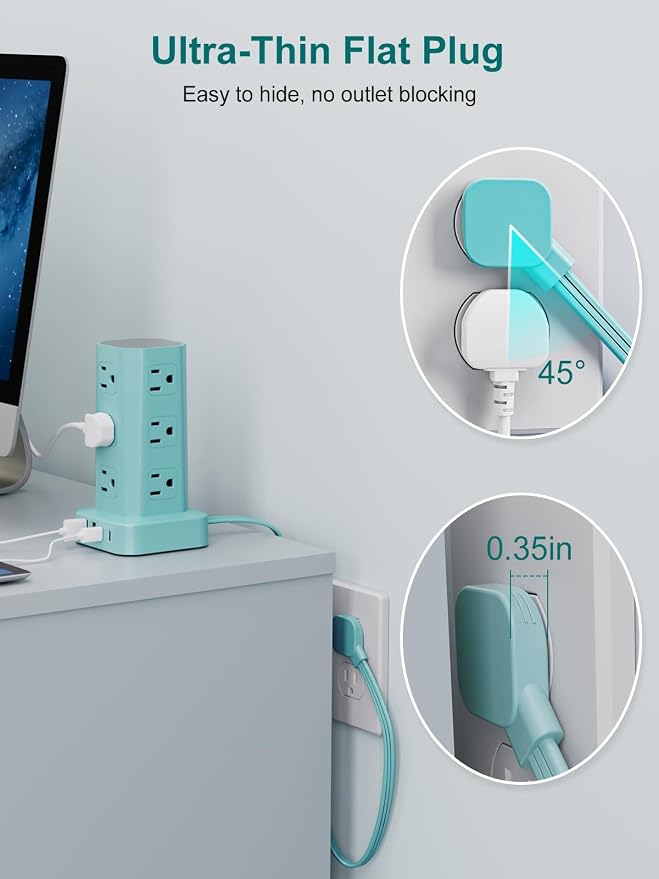 Power Strip Tower Surge Protector, 6FT Flat Plug Extension Cord with Multiple Outlets, 12 AC Outlets 4 USB (2 USB C), Desktop Charging Station with Surge Protection for Home Office Dorm Room, Mint