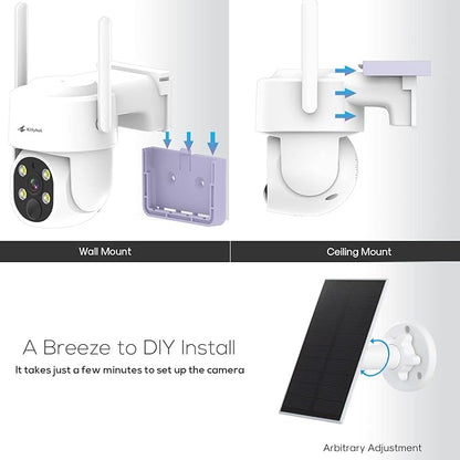 Kittyhok PT Solar Camera Security Outdoor | 2K FHD Security Camera Wireless Outdoor, Solar Battery Powered, Color Night Vision, Smart Detection, IP66 Weatherproof, Local Recording for Home Security