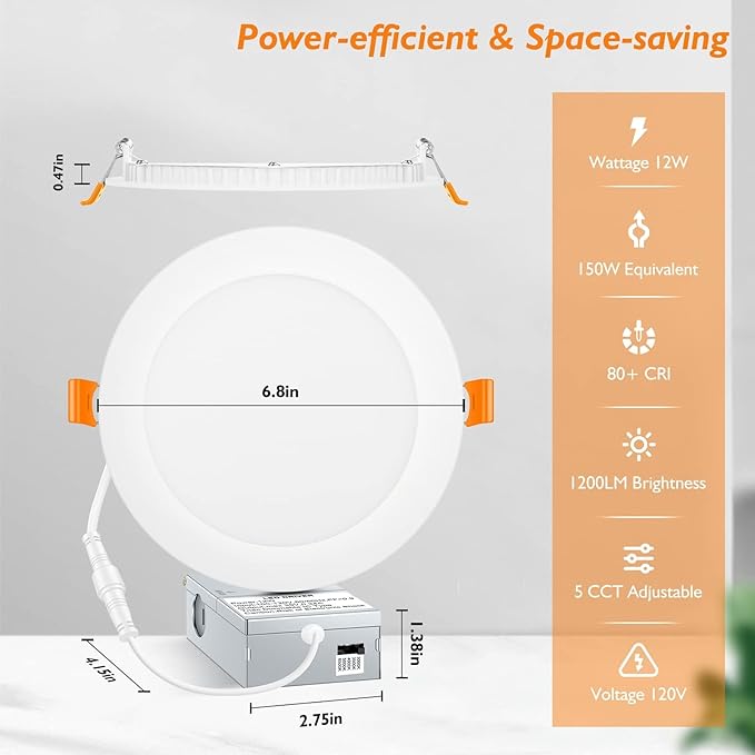 BesLowe 16 Packs 6 Inch 5CCT LED Recessed Ceiling Lights Ultra-Thin with Junction Box, 12W 150W Eqv, 3000K/3500K/4000K/5000K/6500K, 1200LM Dimmable Canless Downlights for Kitchen Hallway Dining Room