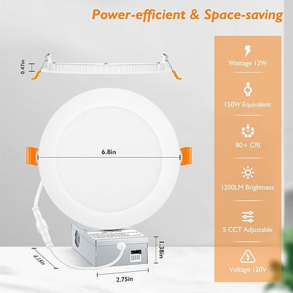 BesLowe 16 Packs 6 Inch 5CCT LED Recessed Ceiling Lights Ultra-Thin with Junction Box, 12W 150W Eqv, 3000K/3500K/4000K/5000K/6500K, 1200LM Dimmable Canless Downlights for Kitchen Hallway Dining Room