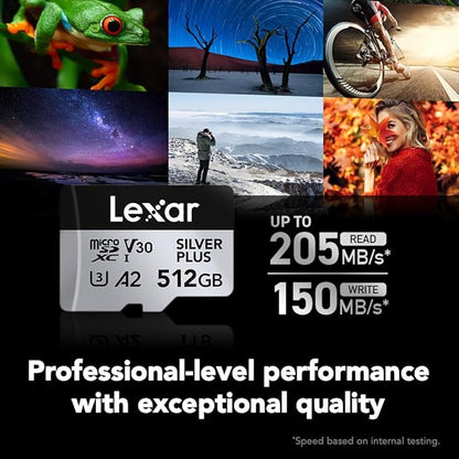 Lexar 512GB Professional Silver Plus Micro SD Card, UHS-I, C10, U3, V30, Full HD & 4K, Up to 205/150 MB/s microSDXC Memory Card, for Videographers, Gamers (LMSSIPL512G-BNANU)