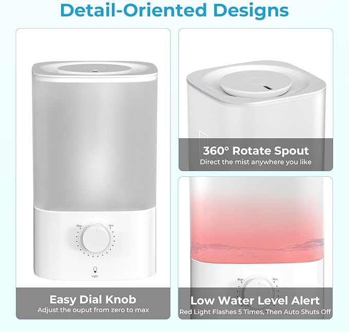 Electactic Top-Fill Cool Mist Bedroom Humidifier for Plants & Baby Nursery, 3.2L Large Capacity for up to 40H Runtime, Ultra Quiet <28dB, 3 IN 1, 5μm Fine Mist, BPA-Free for Living Room, Desk, Office