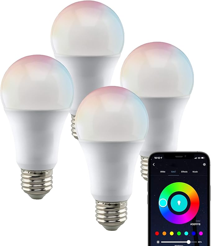 Satco S11252/04 Starfish 9.5-Watt A19 WiFi Smart LED Color-Changing Light Bulb, Works with Siri, Alexa, Google Assistant, SmartThings, 2700K-5000K, 4 Pack