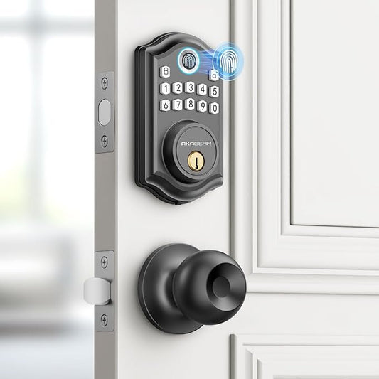 AkaGear DS10 Keyless Entry Door Lock with Door Knob, Fingerprint Door Lock, Electronic Keypad Deadbolt, Smart Door Lock, Smart Locks for Front Door, Auto-Lock - Matte Black
