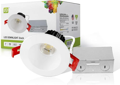 ASD 2 Inch LED Recessed Lighting with Junction Box, 8W 650 Lumens, Dimmable Anti-Glare Downlight, 2700K/3000K/3500K/4000K/5000K Selectable, CRI 90+, Round White Trim, IC Rated, ETL, Energy Star