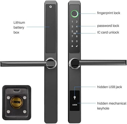 Smart Door Lock with Handle - Keyless Entry Fingerprint & Touchscreen Keypad - App Control, Alexa & Google Home Compatible - Waterproof Sliding Door Patio, Wood, Aluminum Slim Door - DIY Black