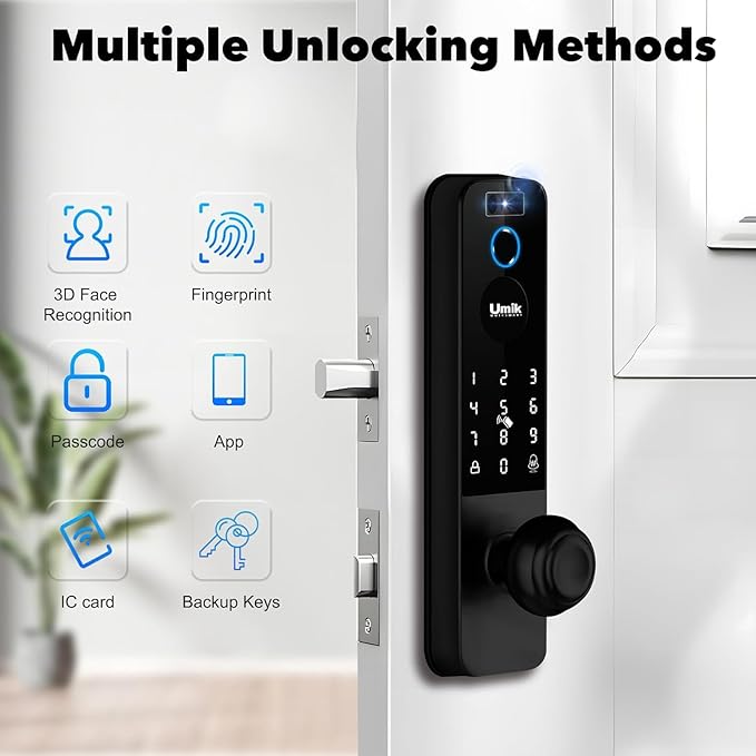 Matter Smart Lock with Camera & Doorbell, 3D Face Recognition Fingerprint WiFi Deadbolt, Keyless Entry Digital Keypad for Apartment, Works with Apple Home, Tuya App Control, Black