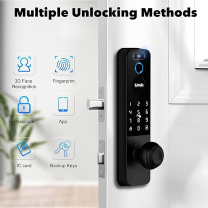 Matter Smart Lock with Camera & Doorbell, 3D Face Recognition Fingerprint WiFi Deadbolt, Keyless Entry Digital Keypad for Apartment, Works with Apple Home, Tuya App Control, Black