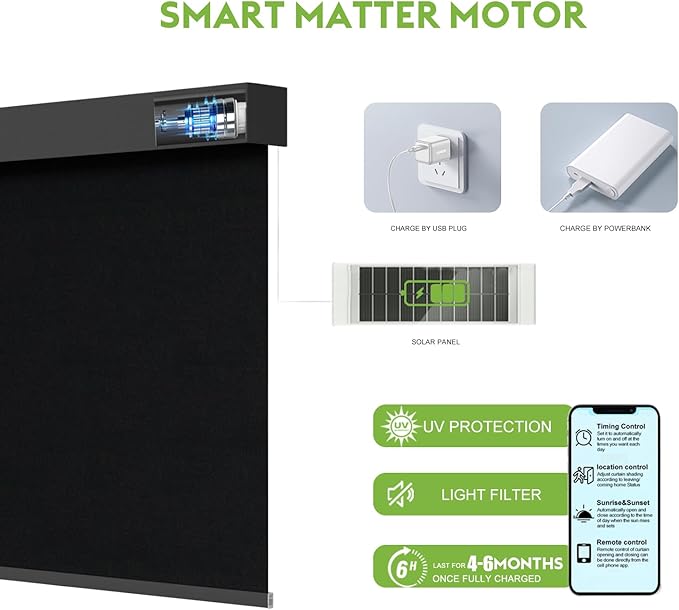 Motorized Blinds with Remote，100% Blackout Smart Blinds Motorized Roller Shades Compatible with Alexa Automatic Blinds for Windows Electric Window Blinds Customized Size Ultra Black Mist