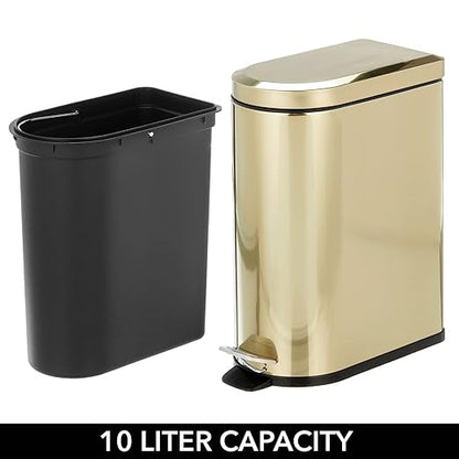 mDesign Small 2.6 Gallon/10 Liter Stainless Steel Metal Step Trash Can Garbage Bin for Bathroom, Bedroom, Office, D-Shape Trashcan with Foot Pedal/Lid, Removable Liner Bucket with Handles, Soft Brass