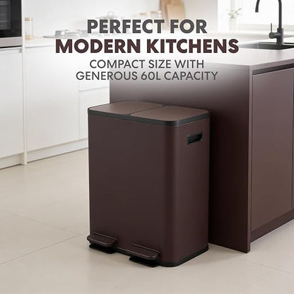 Simpli-Magic 60 Liter / 16 Gallon Rectangular Hands-Free Dual Compartment Recycling Kitchen Step Trash Can with Soft-Close Single Lid, Stainless Steel (30L x 30L Capacity) Brown