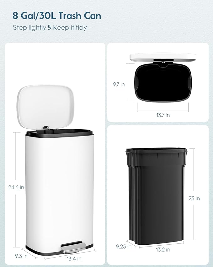 Arlopu 8 Gallon Step Trash Can, Stainless Steel Garbage Bin, Soft-Close Rubbish Bin with Removable Plastic Inner Bucket, Fingerprint-Proof, Lid Dustbin, Suit for Kitchen Home (White, 30L)