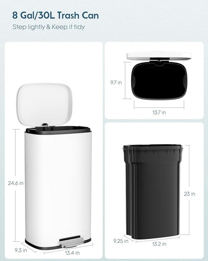 Arlopu 8 Gallon Step Trash Can, Stainless Steel Garbage Bin, Soft-Close Rubbish Bin with Removable Plastic Inner Bucket, Fingerprint-Proof, Lid Dustbin, Suit for Kitchen Home (White, 30L)