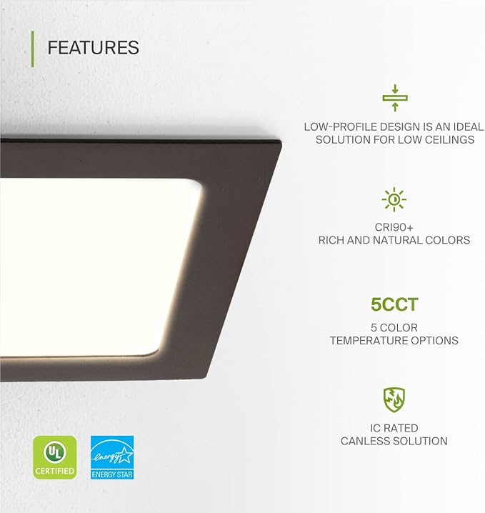 ASD 12 Pack LED Square Recessed Lighting 6 Inch, 5 CCT 2700K-5000K, 15W 60W Eqv, Ultra Thin Dimmable Ceiling Lights with J Box, Canless Wafer Downlight, Slim Panel, UL Energy Star, Oil-Rubbed Bronze