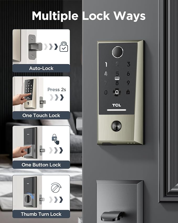 TCL Smart Lock D2 Plus, Keyless Entry Fingerprint Door Lock, Touchscreen Keypad Deadbolt Lock, Built-in Doorbell, Auto Lock, App Control, Alexa, Google Home Compatible, Easy Install for Front Door