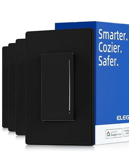ELEGRP Smart Dimmer Light Switch DTR10, Single Pole Setup, 2.4GHz Wi-Fi Touch Dimmer Compatible with Alexa/Google Assistant, Needs Neutral Wire, No Hub Required, UL Listed, Matte Black, 4 Pack