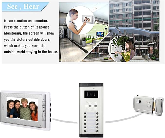 Apartment Video Intercom System, 4 Household Video Doorbell Kits, Wired 7 Inches Monitor, IR Outdoor Camera Support Monitoring, ID Unlock, 2 Way Intercom, 1- Camera and 4-Screen