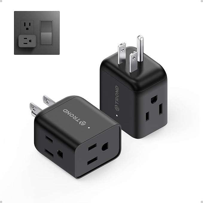 TROND Multi Plug Outlet Extender 2 Pack - ETL Listed Horizontal Electrical Wall Outlet Splitter, 3 Way Plug Extension Outlet Adapter, Multiple Plug Extender for Travel Home Kitchen Bathroom, Black
