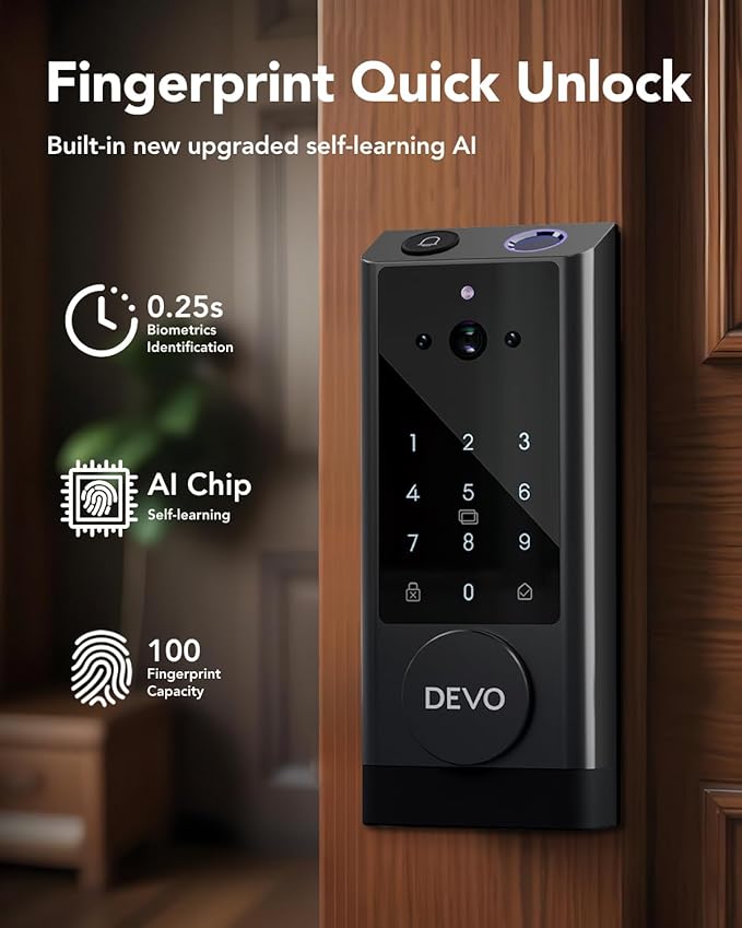 DEVO G1 Video Smart Lock with Camera & Doorbell, 6-in-1 Keyless Entry Door Lock for Front Door with Fingerprint, Auto Locks, App Remote, Wi-Fi Smart Deadbolt Black