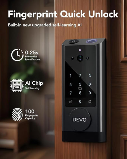 DEVO G1 Video Smart Lock with Camera & Doorbell, 6-in-1 Keyless Entry Door Lock for Front Door with Fingerprint, Auto Locks, App Remote, Wi-Fi Smart Deadbolt Black