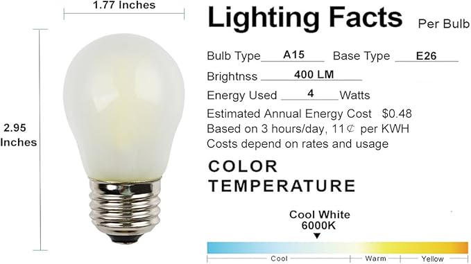 A15 Style Mini Globe Bulb, Frosted Glass Housing, Cool White Bright Light(6000K), 4W 400Lm, E26 Common Base, 40W Incandescent Replacement, 2-Pack