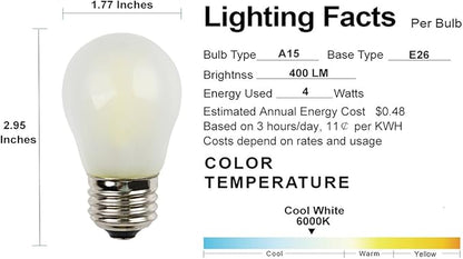 A15 Style Mini Globe Bulb, Frosted Glass Housing, Cool White Bright Light(6000K), 4W 400Lm, E26 Common Base, 40W Incandescent Replacement, 2-Pack